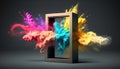 Product display frame with colorful powder paint explosion. Generative AI Royalty Free Stock Photo