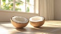 broken coconuts on a table, summer concept, Generative AI Royalty Free Stock Photo