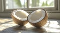broken coconuts on a table, summer concept, Generative AI Royalty Free Stock Photo
