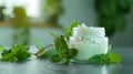jar of mint face mask with fresh mint leaves on a rustic wooden table close up dslr view isolated on crisp white background. enjoy Royalty Free Stock Photo