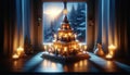 An image of a German Christmas pyramid placed on a windowsill as the evening light outside fades. Royalty Free Stock Photo