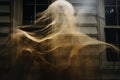 an image of a ghostly figure in front of a house