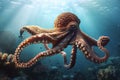 image of a giant octopus swimming under the sea. underwater animals. illustration, generative AI