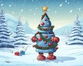 giant retro robot stands in a snowy landscape holding a decorated Christmas tree.