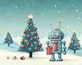 giant retro robot stands in a snowy landscape holding a decorated Christmas tree.