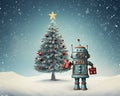 giant retro robot stands in a snowy landscape holding a decorated Christmas tree.