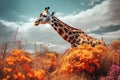 Image of giraffe in beautiful flower fields. Wildlife Animals. Illustration, Generative AI Royalty Free Stock Photo