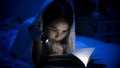 Photo of girl with flashlight reading scary book under blanket Royalty Free Stock Photo