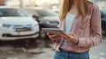 Image of a girl using an online search engine to find a car. Using a tablet, she is searching for a car for purchase or