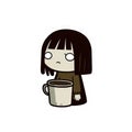 Image of a girl who has just woken up, holding a cup of coffee.