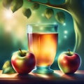 Image of a glass of apple juice with two apples placed on a table Generative AI Royalty Free Stock Photo