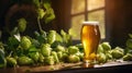 Image of a glass of beer with hops lying next to it. An image with places to copy. Natural lighting. Generative AI