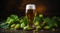 Image of a glass of beer with hops lying next to it. An image with places to copy. Natural lighting. Generative AI