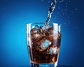 close up of a glass of cola with ice cubes.