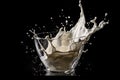 An image of a glass of milk being poured with a dramatic splash, captured in mid-air, against a black background. Generative Ai Royalty Free Stock Photo