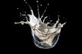 An image of a glass of milk being poured with a dramatic splash, captured in mid-air, against a black background. Generative Ai Royalty Free Stock Photo