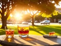 image of a glass of whiskey on a stone table with