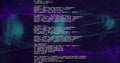 Image of glitching text data processing over blue and purple network waves on dark background