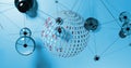 Image of globe of binary coding and connecting dots against blue gradient background Royalty Free Stock Photo