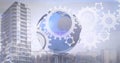 Image of globe, cogs and data processing over cityscape Royalty Free Stock Photo
