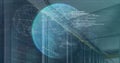 Image of globe, connected dots forming globes and programming language over data server racks Royalty Free Stock Photo