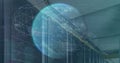 Image of globe, connected dots forming globes and programming language over data server racks Royalty Free Stock Photo