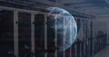 Image of globe, data processing and plexus networks against computer server room