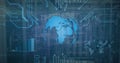 Image of globe, graph, circuit board pattern and changing numbers over data server system Royalty Free Stock Photo