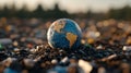 An image of the globe lying on piles of garbage