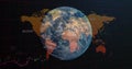 Image of globe and numbers over world map and graphs on black background Royalty Free Stock Photo