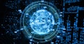 Image of globe with numbers rotating over binary codes and computer language Royalty Free Stock Photo