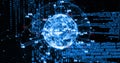 Image of globe with numbers rotating over binary codes and programming language