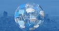 Image of globe with speech bubbles over cityscape Royalty Free Stock Photo
