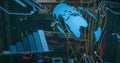 Image of globe spinning and data processing over cables in computer server Royalty Free Stock Photo