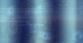 Image of globes, circles, radars, soundwaves over computer language on abstract background