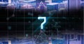 Image of glowing blue digital number seven in countdown over cityscape background