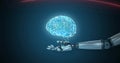 Image of glowing brain hovering above extended robot hand and arm, on dark background