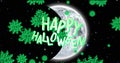 Image of glowing happy halloween text with green spider webs, over full moon in night sky Royalty Free Stock Photo