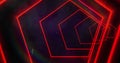 Image of glowing neon red abstract tunnel moving on black background