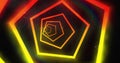 Image of glowing neon red and yellow abstract tunnel moving on black background