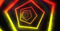 Image of glowing neon red and yellow abstract tunnel moving on black background Royalty Free Stock Photo