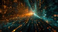 The image is a glowing orange and blue particle background