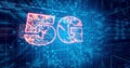 Image of glowing orange 5g text over blue processor socket Royalty Free Stock Photo