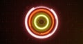 Image of glowing orange and green scope scanning and spinning with glitch on grid background