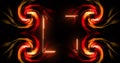 Image of glowing orange square frame and four rotating spirals on black background