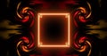 Image of glowing orange square frame and four rotating spirals on black background