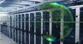 Image of glowing pixel globe and data processing over server room