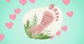 Image of go green text and foot print logo over falling hearts on blue background