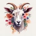 Image of a goat surrounded by colorful tropical flowers. Wildlife Animals. Illustration, Generative AI Royalty Free Stock Photo