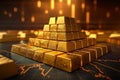 Image Gold bars stacked on a table, accentuated by a graph Royalty Free Stock Photo